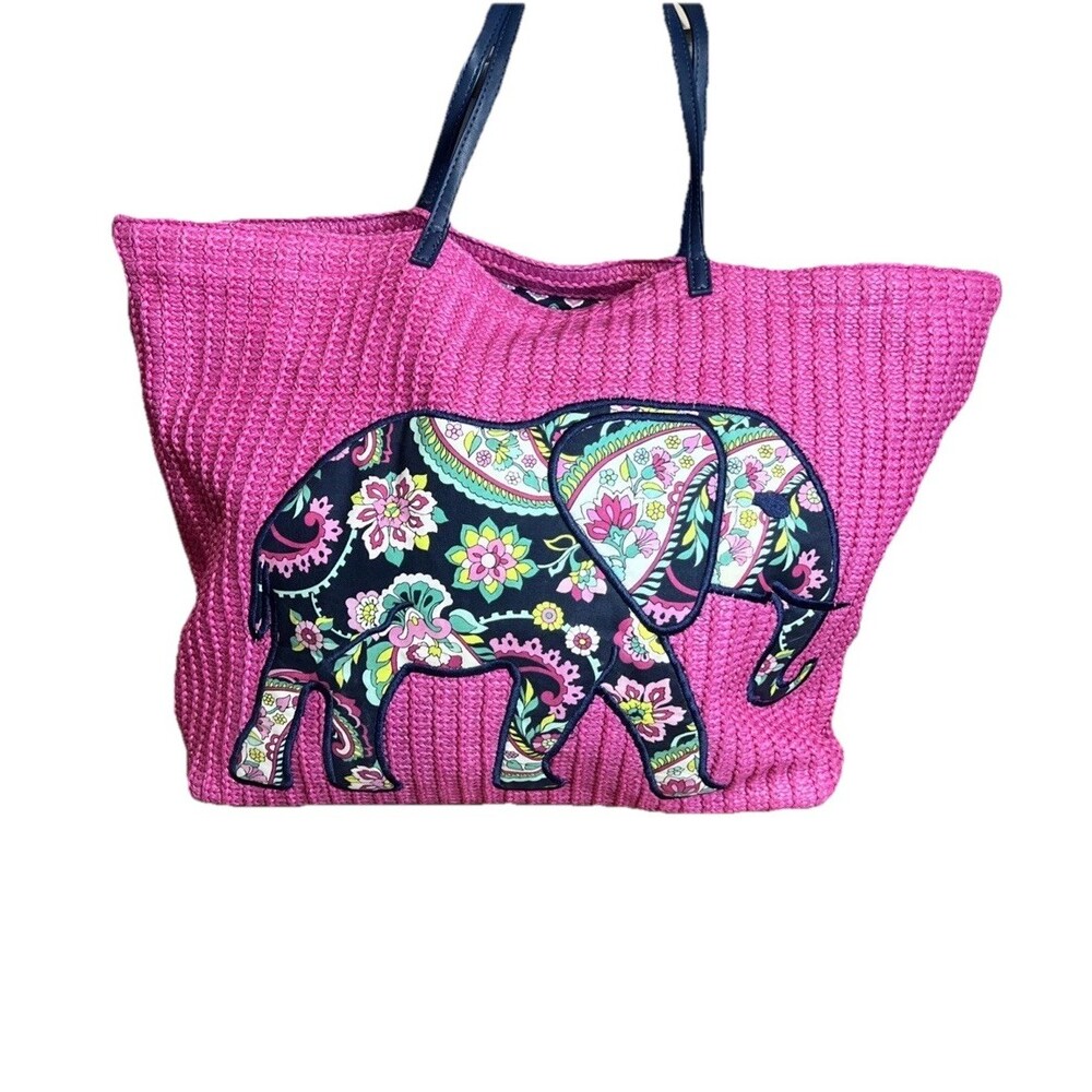 Vera Bradley (2007) Retired PETAL PAISLEY Print Elephant Patch Straw Beach Tote